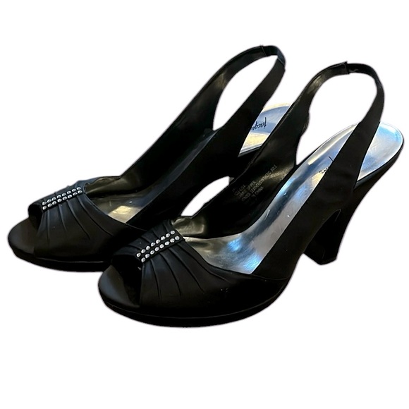 JACQUELINE FERRAR SLINGBACK SATIN JEWEL BEADED HEELS BLACK SIZE 8 - Picture 1 of 11